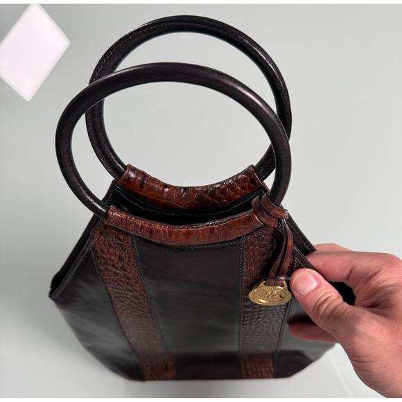 BRAHMIN Black & Burg Croc Embossed leather Trapezoid Shape Top handle Satchel - Picture 4 of 10